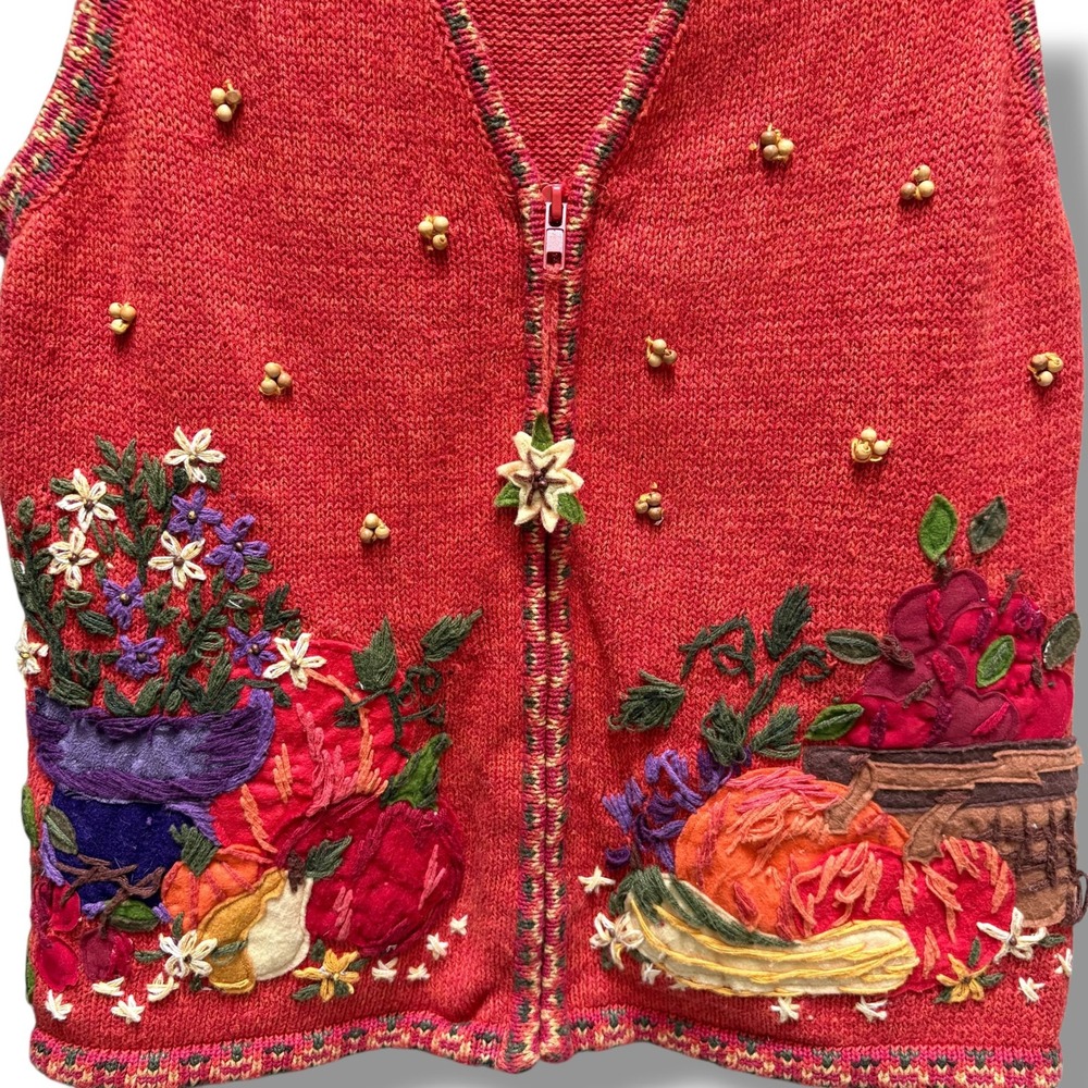 Tiara International Womens Small Orange Harvest Embroidered Zip Front Vest - Picture 2 of 6